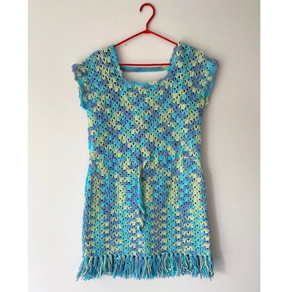 70s vintage blue hand knit hippy granny hippy thick crochet fringed midi dress - Picture 8 of 8